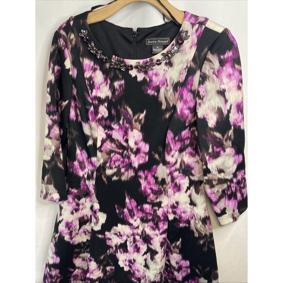 Jessica Howard Women's 12 Fit & Flare Dress Colorful Round Neck Jeweled Stretch - Picture 4 of 10